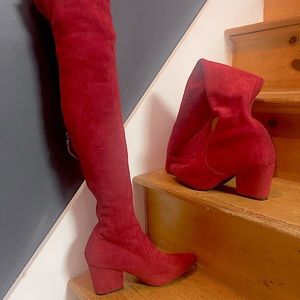 Thigh-high red faux suede boots